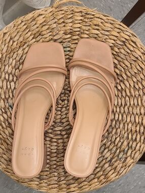 Tan Strappy Square-Toe Slide Sandals